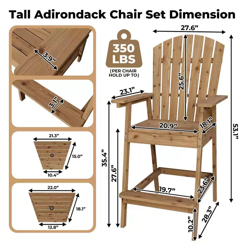 Outdoor Tall Adirondack Chairs Set of 4, Bar Height with Connecting Tray & Umbrella Hole, Solid Wood Patio Chairs for Deck Backyard