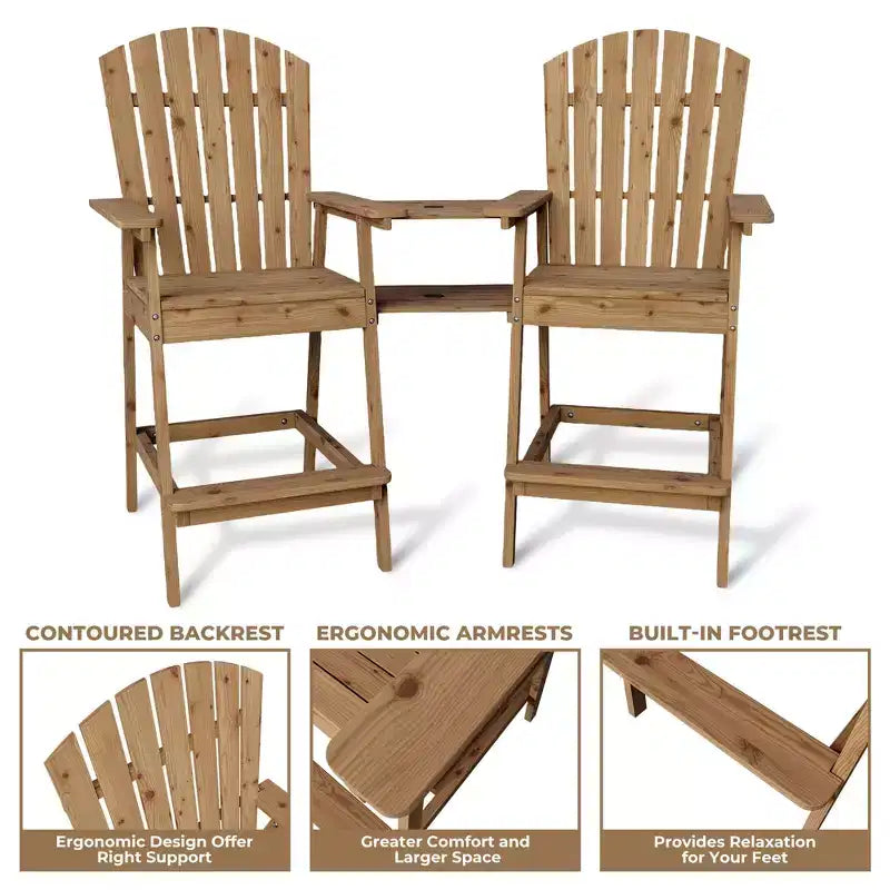 Outdoor Tall Adirondack Chairs Set of 4, Bar Height with Connecting Tray & Umbrella Hole, Solid Wood Patio Chairs for Deck Backyard