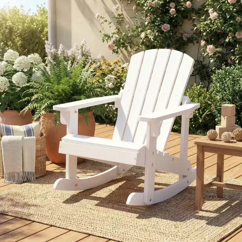 Gymax Childs Outdoor Adirondack Rocking Chair with Solid Wood Slatted Seat and Backrest Coffee/White