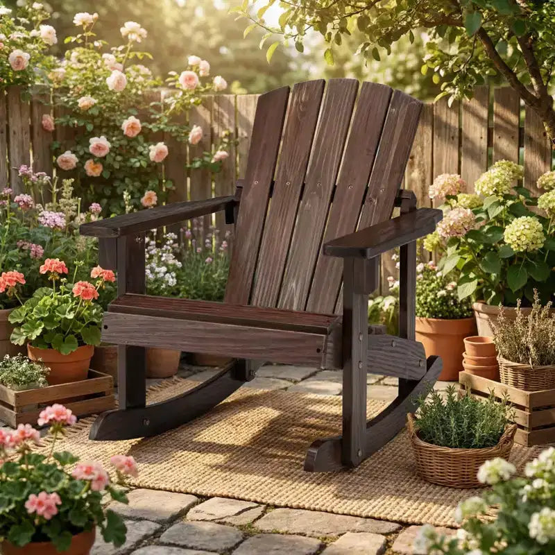 Gymax Childs Outdoor Adirondack Rocking Chair with Solid Wood Slatted Seat and Backrest Coffee/White