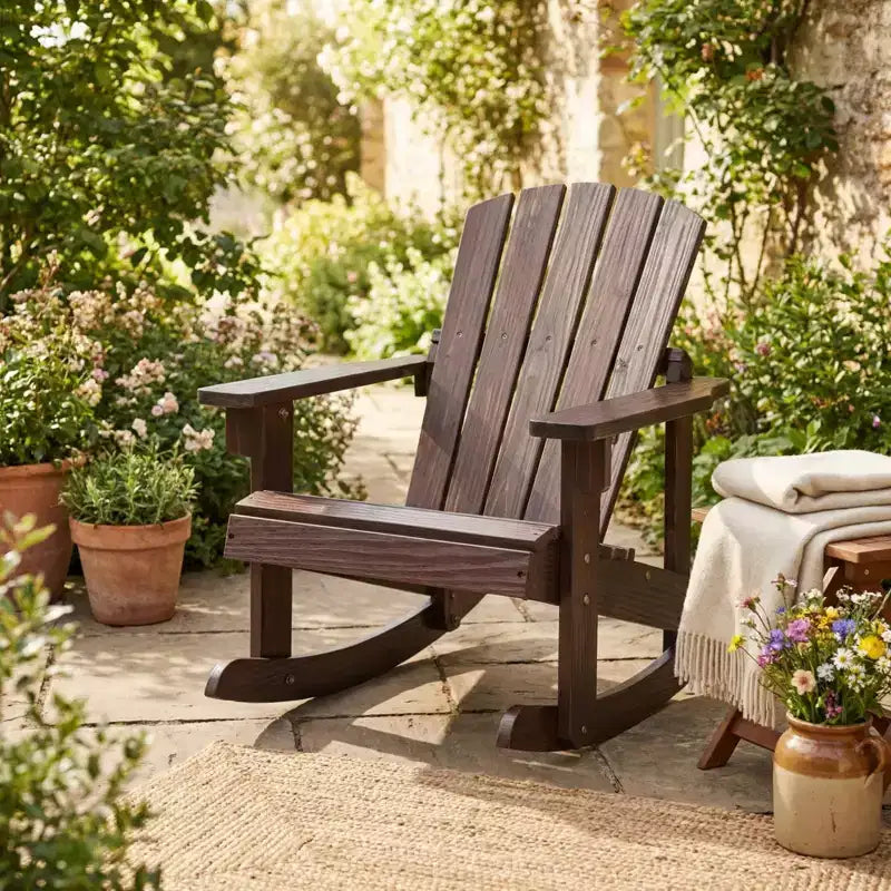 Gymax Childs Outdoor Adirondack Rocking Chair with Solid Wood Slatted Seat and Backrest Coffee/White