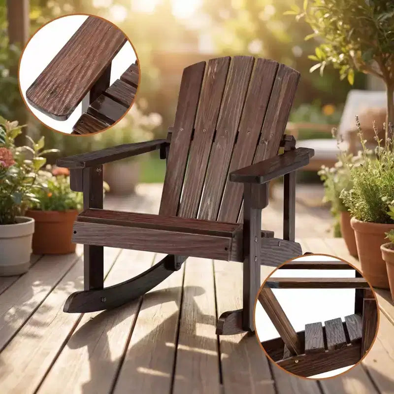 Gymax Childs Outdoor Adirondack Rocking Chair with Solid Wood Slatted Seat and Backrest Coffee/White