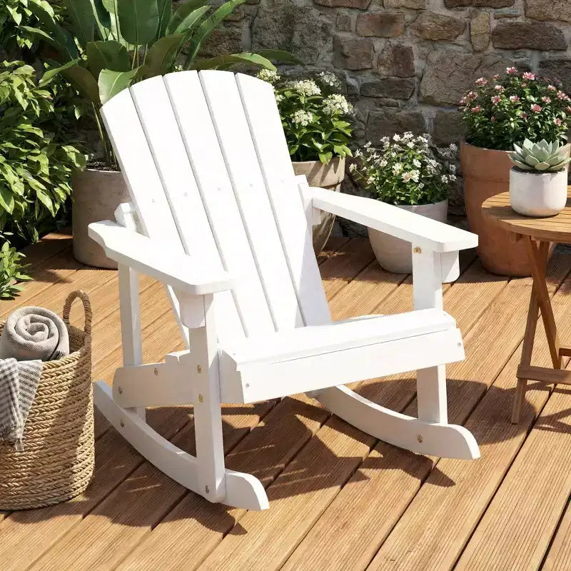Gymax Childs Outdoor Adirondack Rocking Chair with Solid Wood Slatted Seat and Backrest Coffee/White
