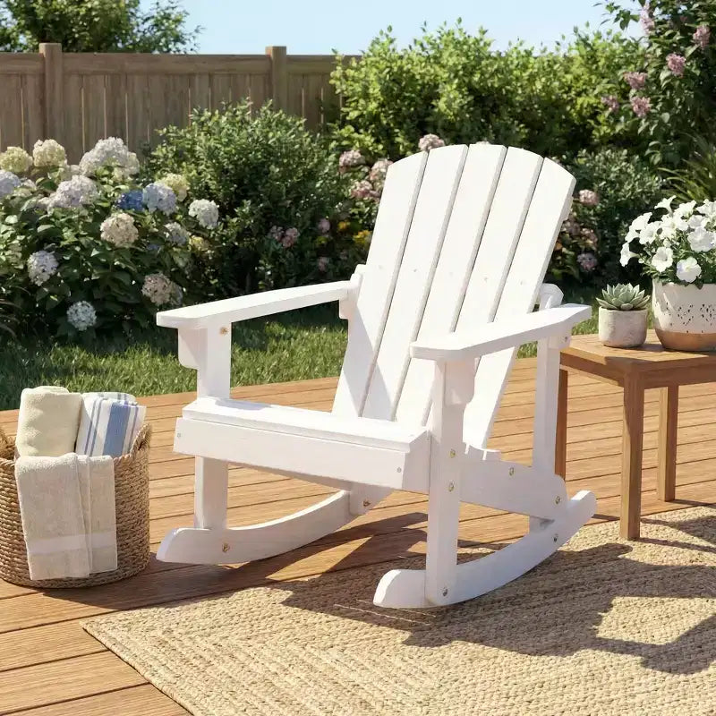 Gymax Childs Outdoor Adirondack Rocking Chair with Solid Wood Slatted Seat and Backrest Coffee/White
