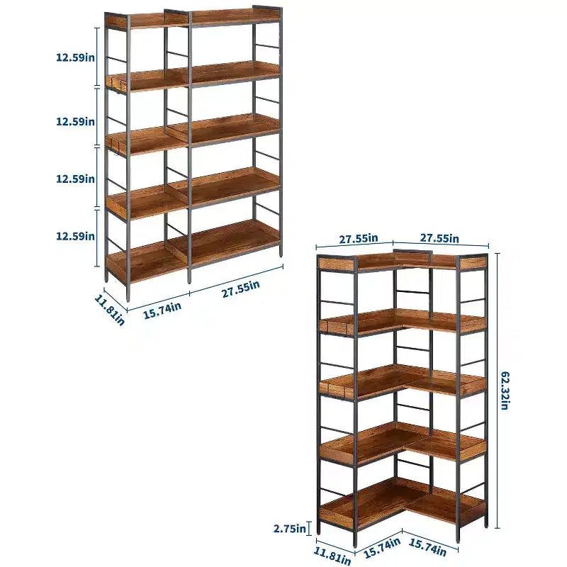 Étagère d'angle en forme de L à 5 niveaux avec 4 crochets, étagère d'angle réversible, bibliothèque industrielle en bois de 65 pouces avec étagères ouvertes et cadre métallique pour la maison