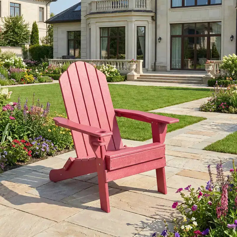 Gymax 1PC Outdoor Folding Adirondack Chair with Weatherproof Design and Built-in Beverage Holder for Your Garden Navy/Red