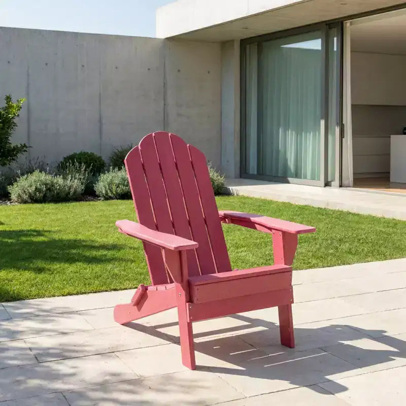 Gymax 1PC Outdoor Folding Adirondack Chair with Weatherproof Design and Built-in Beverage Holder for Your Garden Navy/Red