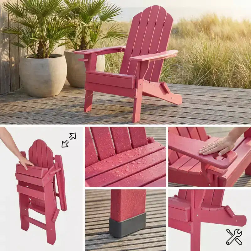 Gymax 1PC Outdoor Folding Adirondack Chair with Weatherproof Design and Built-in Beverage Holder for Your Garden Navy/Red