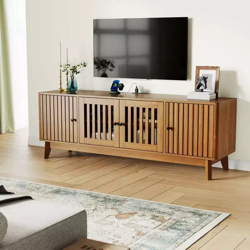 TV Stand Entertainment Center with Power Outlets, 4 Doors Storage Cabinets, 62.9Media Console Table for 43-70 Televisions, Adjustable Shelves