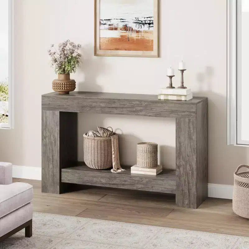 2-Tier Farmhouse Entryway Table, Long Sofa Accent Console Table, Behind Couch Table with Open Storage for Home Entrance, Living Room & Hallway