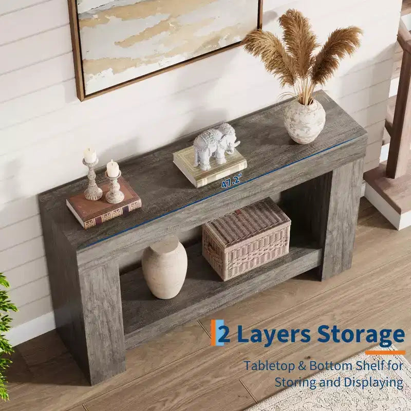 2-Tier Farmhouse Entryway Table, Long Sofa Accent Console Table, Behind Couch Table with Open Storage for Home Entrance, Living Room & Hallway