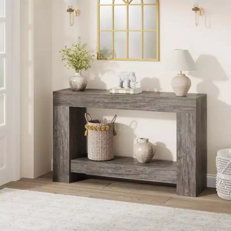 2-Tier Farmhouse Entryway Table, Long Sofa Accent Console Table, Behind Couch Table with Open Storage for Home Entrance, Living Room & Hallway