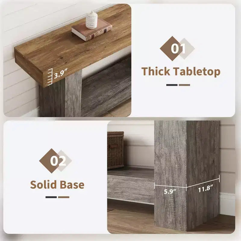 2-Tier Farmhouse Entryway Table, Long Sofa Accent Console Table, Behind Couch Table with Open Storage for Home Entrance, Living Room & Hallway