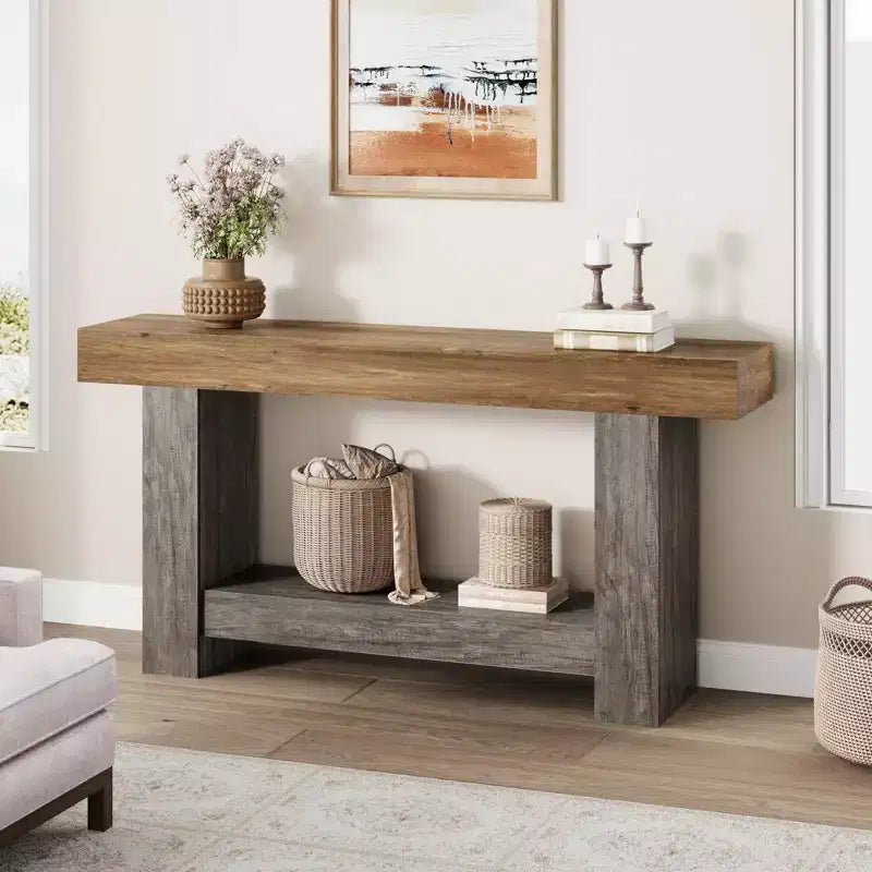 2-Tier Farmhouse Entryway Table, Long Sofa Accent Console Table, Behind Couch Table with Open Storage for Home Entrance, Living Room & Hallway