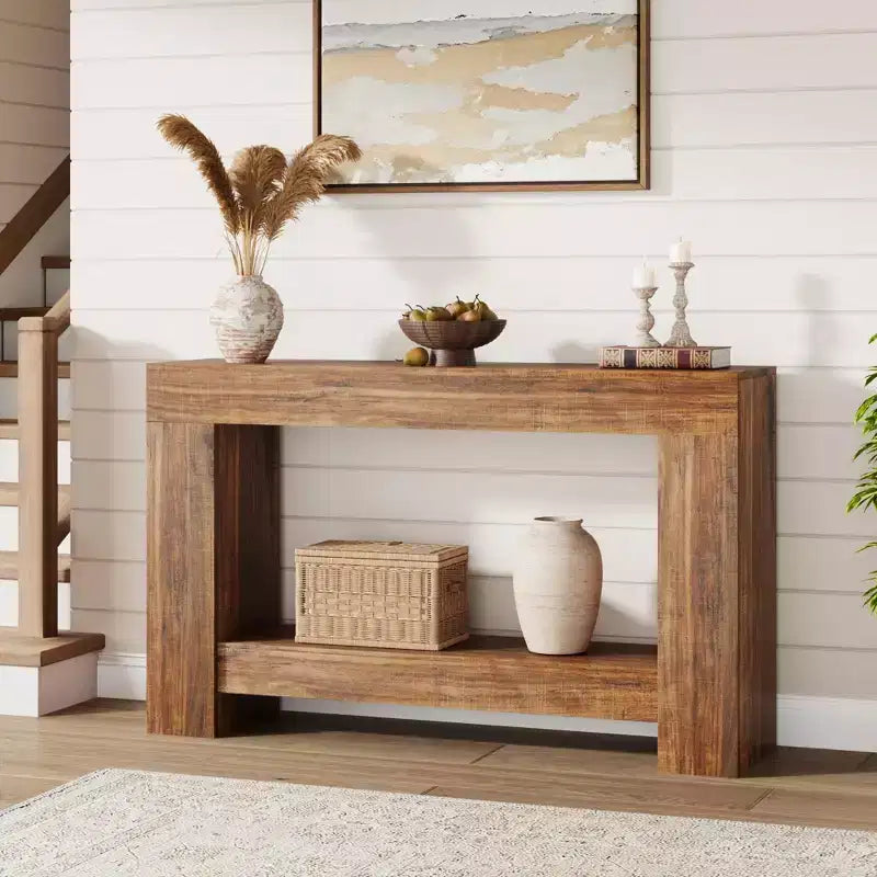Console de table d'entrée de ferme à 2 niveaux, longue table d'appoint pour canapé, table derrière le canapé avec rangement ouvert pour l'entrée, le salon et le couloir.