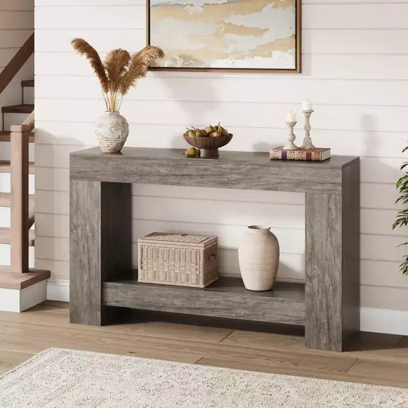 Console de table d'entrée de ferme à 2 niveaux, longue table d'appoint pour canapé, table derrière le canapé avec rangement ouvert pour l'entrée, le salon et le couloir.