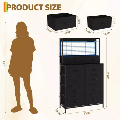 11 Drawer Fabric Dresser with Built-in Charging Station, Industrial Storage Organizer Tower for Bedroom and Living Room