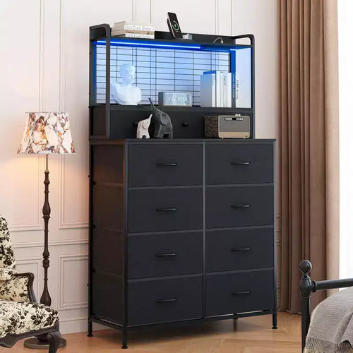 11 Drawer Fabric Dresser with Built-in Charging Station, Industrial Storage Organizer Tower for Bedroom and Living Room