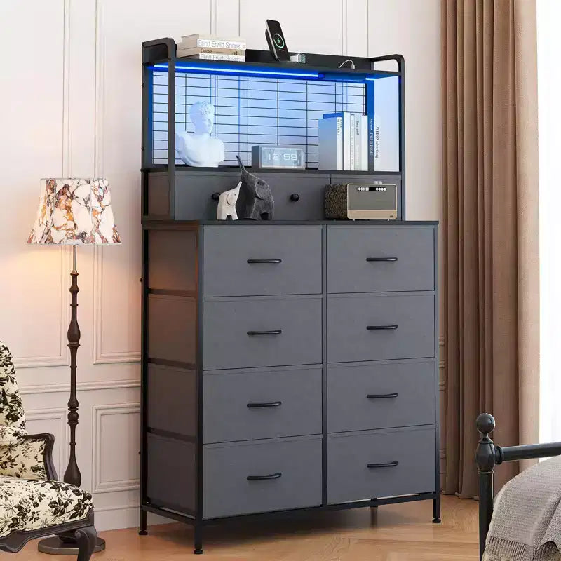 11 Drawer Fabric Dresser with Built-in Charging Station, Industrial Storage Organizer Tower for Bedroom and Living Room