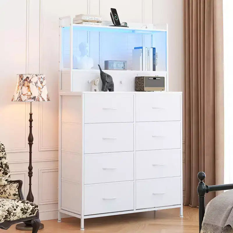11 Drawer Fabric Dresser with Built-in Charging Station, Industrial Storage Organizer Tower for Bedroom and Living Room