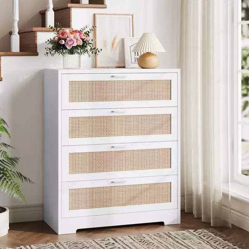 4 Drawer Rattan Dresser for Bedroom,Modern Wood Tall Chest of Drawers with Power Outlets, Drawer Organizer for Bedroom, Closet, Living Room
