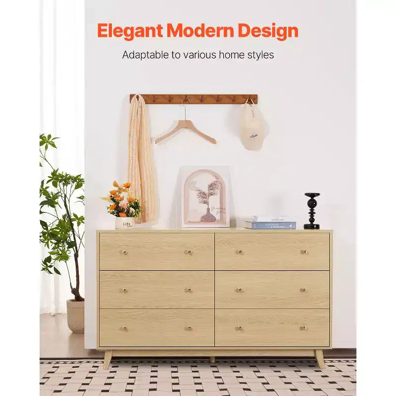 VEVOR 6 Drawer Dresser, Wooden Chest of Drawers with Sliding with Anti-tip Device, Modern Minimalist Dresser Chest,Closet Storage Organizer,Light Wood