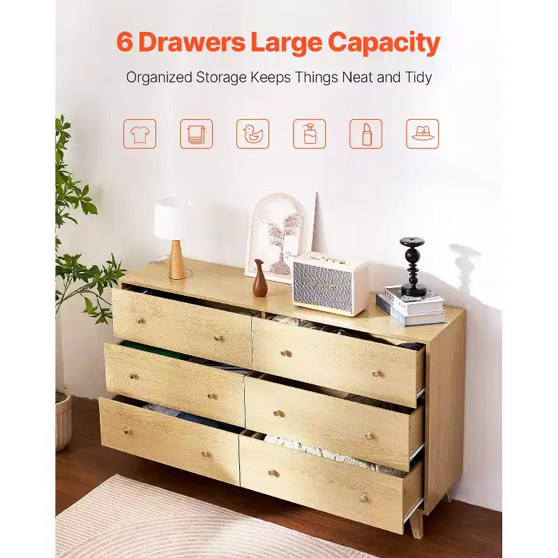VEVOR 6 Drawer Dresser, Wooden Chest of Drawers with Sliding with Anti-tip Device, Modern Minimalist Dresser Chest,Closet Storage Organizer,Light Wood