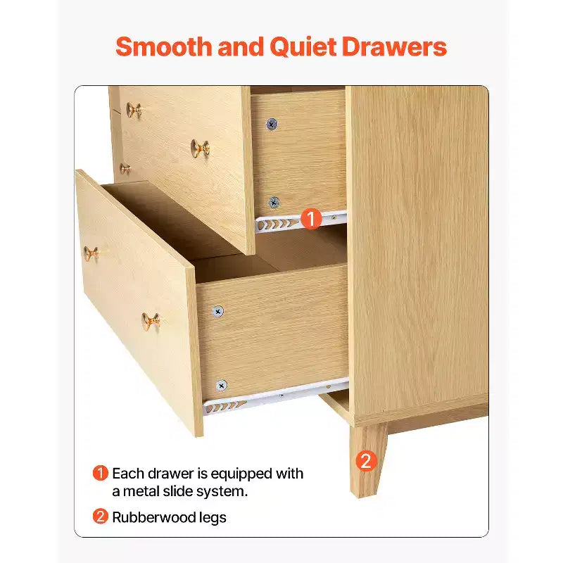 VEVOR 6 Drawer Dresser, Wooden Chest of Drawers with Sliding with Anti-tip Device, Modern Minimalist Dresser Chest,Closet Storage Organizer,Light Wood