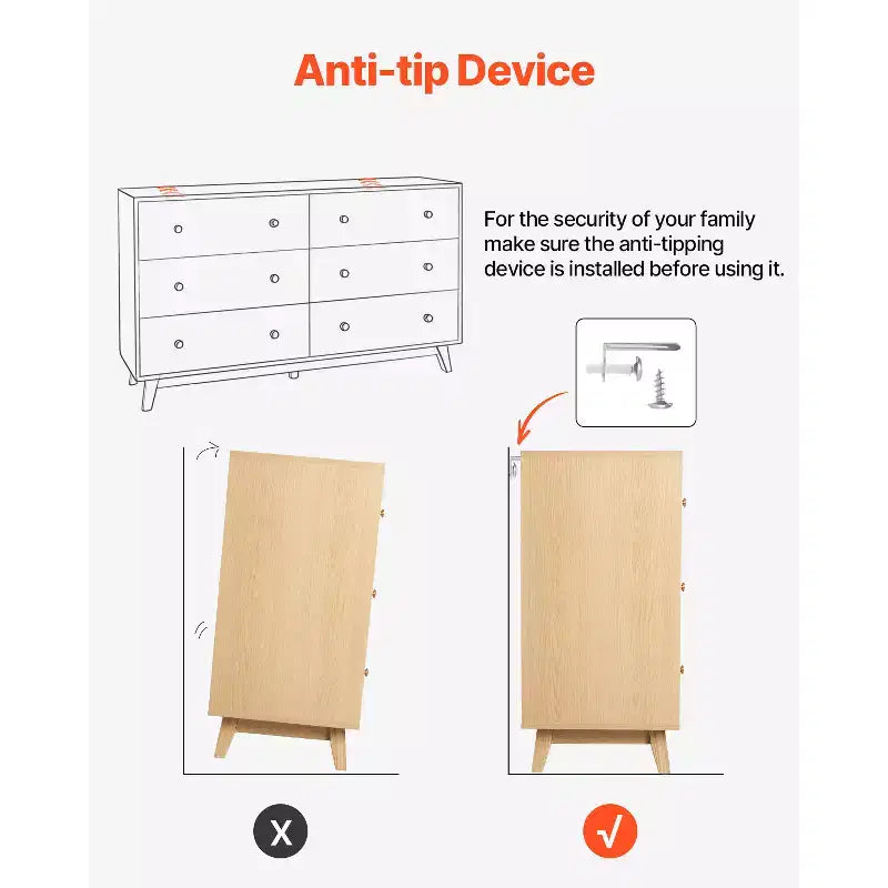 VEVOR 6 Drawer Dresser, Wooden Chest of Drawers with Sliding with Anti-tip Device, Modern Minimalist Dresser Chest,Closet Storage Organizer,Light Wood