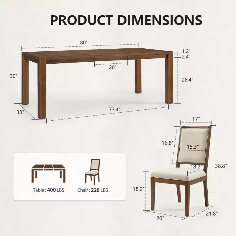 Modern Dining Set - 80 Table + 6 Cushioned Chairs, Solid Wood Frame, 400lbs Table Capacity, Easy Assembly
