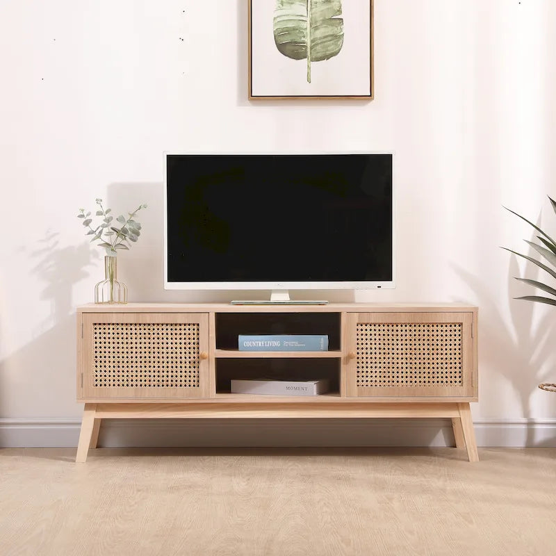 Meuble TV bohème pour téléviseur de 55 pouces, meuble de divertissement avec étagère réglable