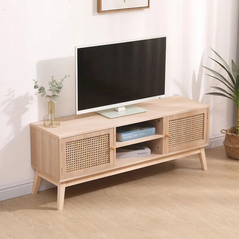 Meuble TV bohème pour téléviseur de 55 pouces, meuble de divertissement avec étagère réglable