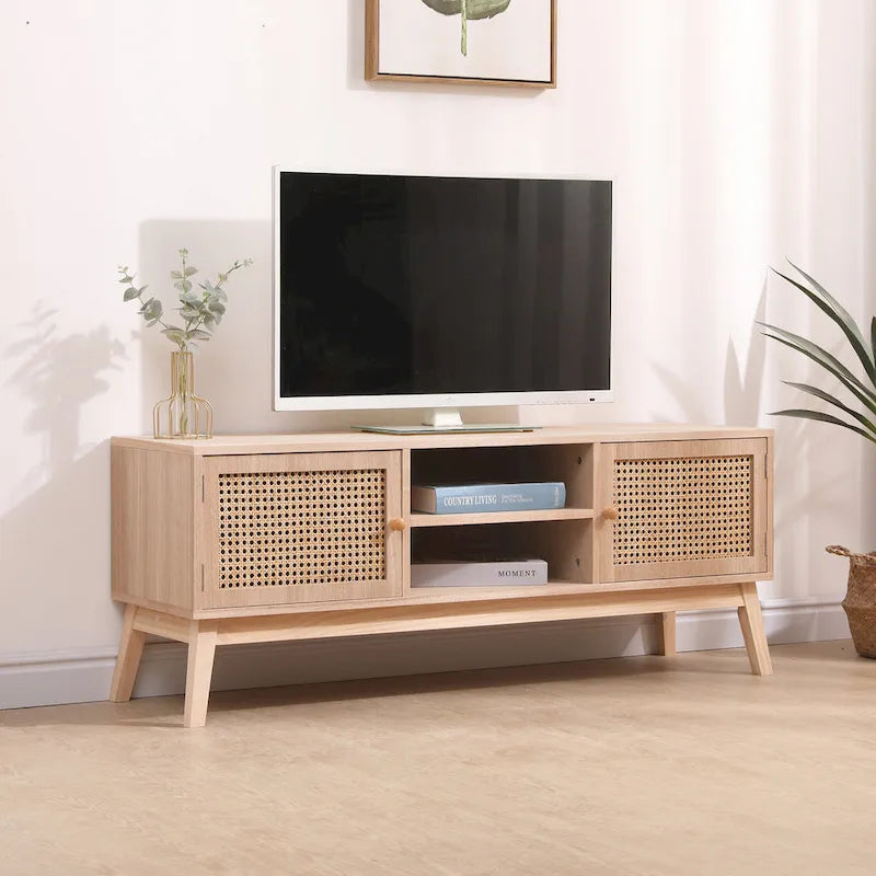 Meuble TV bohème pour téléviseur de 55 pouces, meuble de divertissement avec étagère réglable