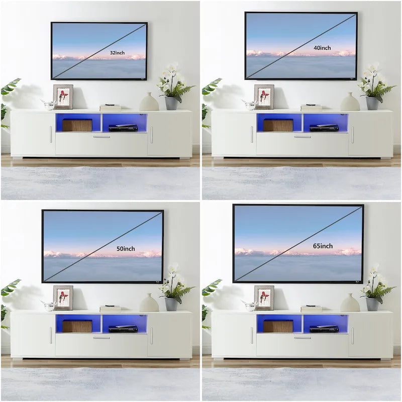 Meuble TV blanc de 160 cm avec lumières LED, armoires et étagères ouvertes pour TV jusqu'à 65 pouces