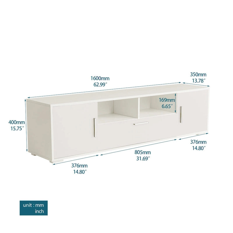 Meuble TV blanc de 160 cm avec lumières LED, armoires et étagères ouvertes pour TV jusqu'à 65 pouces