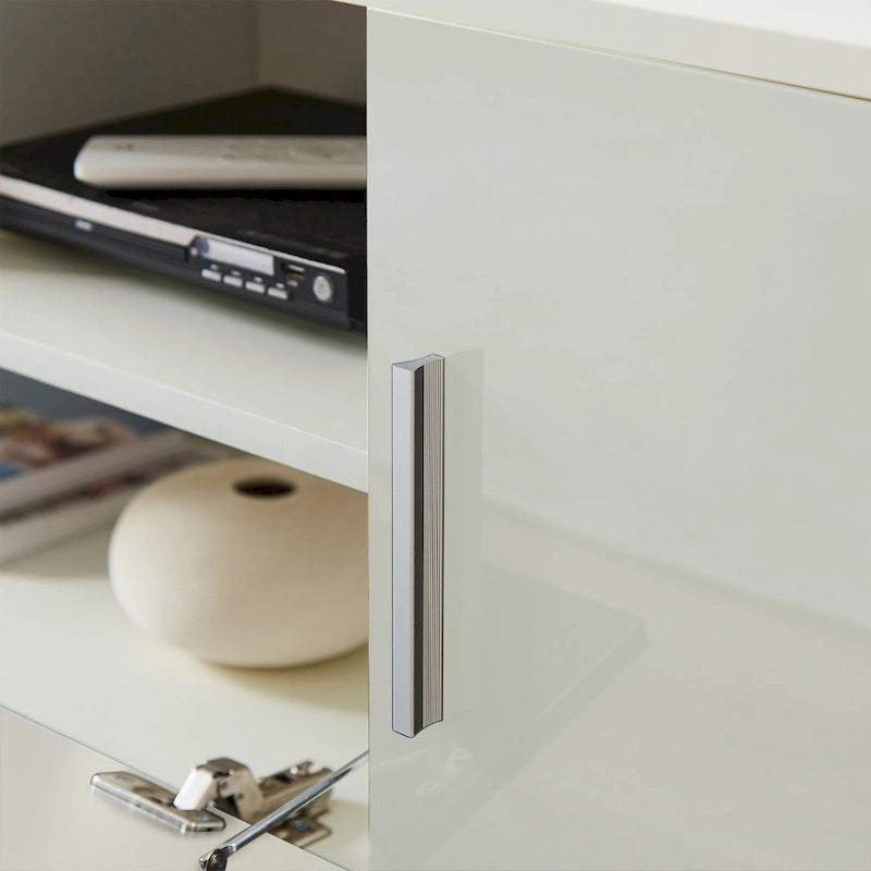 Meuble TV blanc de 160 cm avec lumières LED, armoires et étagères ouvertes pour TV jusqu'à 65 pouces