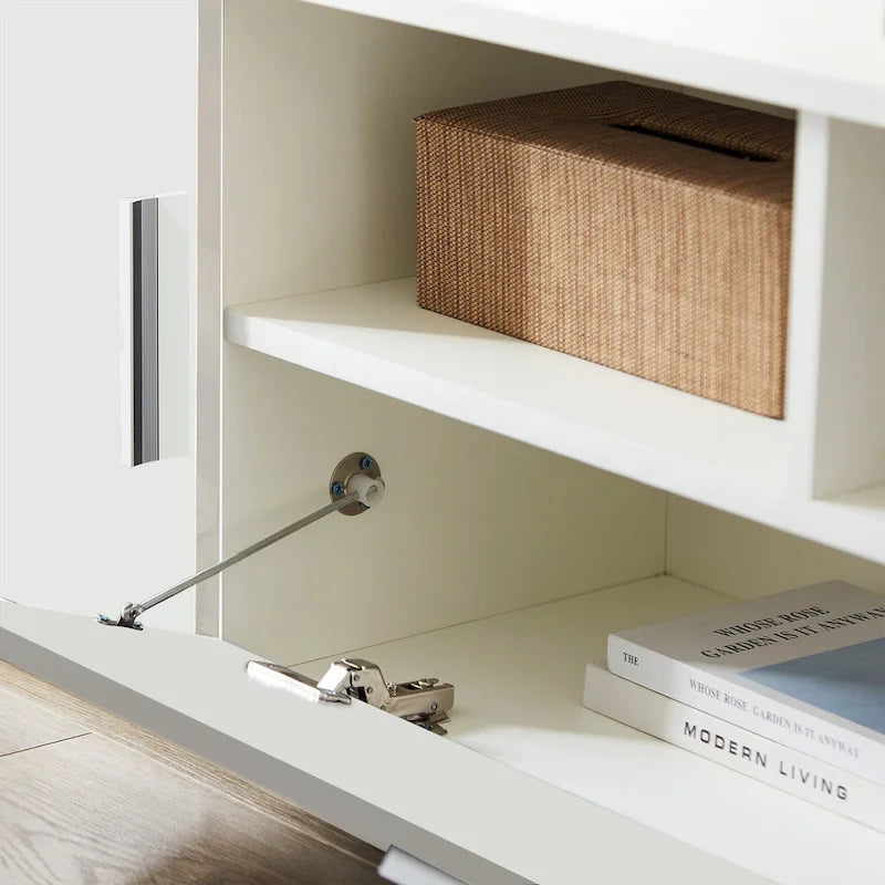 Meuble TV blanc de 160 cm avec lumières LED, armoires et étagères ouvertes pour TV jusqu'à 65 pouces