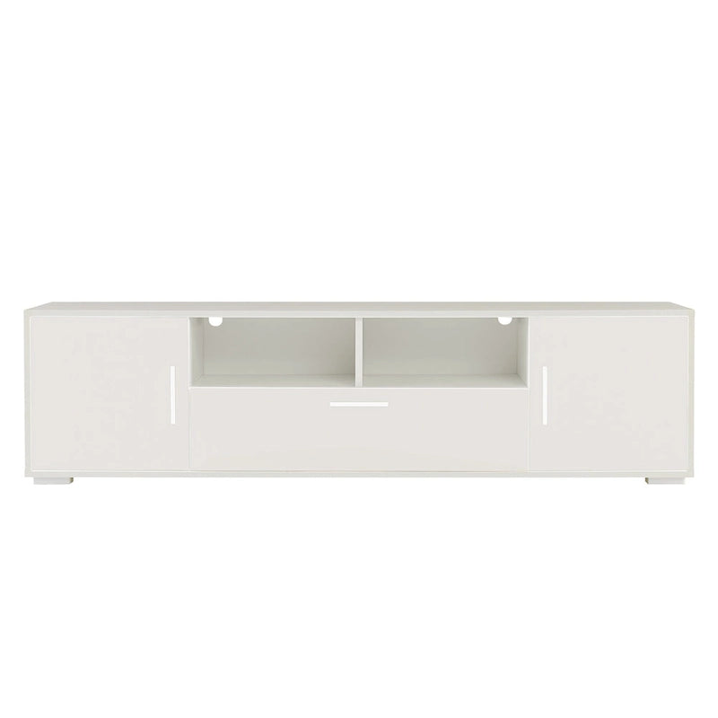 Meuble TV blanc de 160 cm avec lumières LED, armoires et étagères ouvertes pour TV jusqu'à 65 pouces