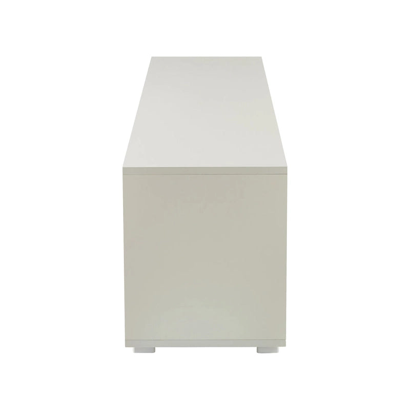 Meuble TV blanc de 160 cm avec lumières LED, armoires et étagères ouvertes pour TV jusqu'à 65 pouces
