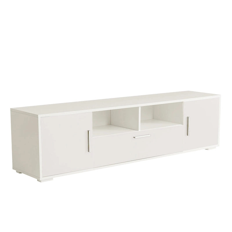 Meuble TV blanc de 160 cm avec lumières LED, armoires et étagères ouvertes pour TV jusqu'à 65 pouces
