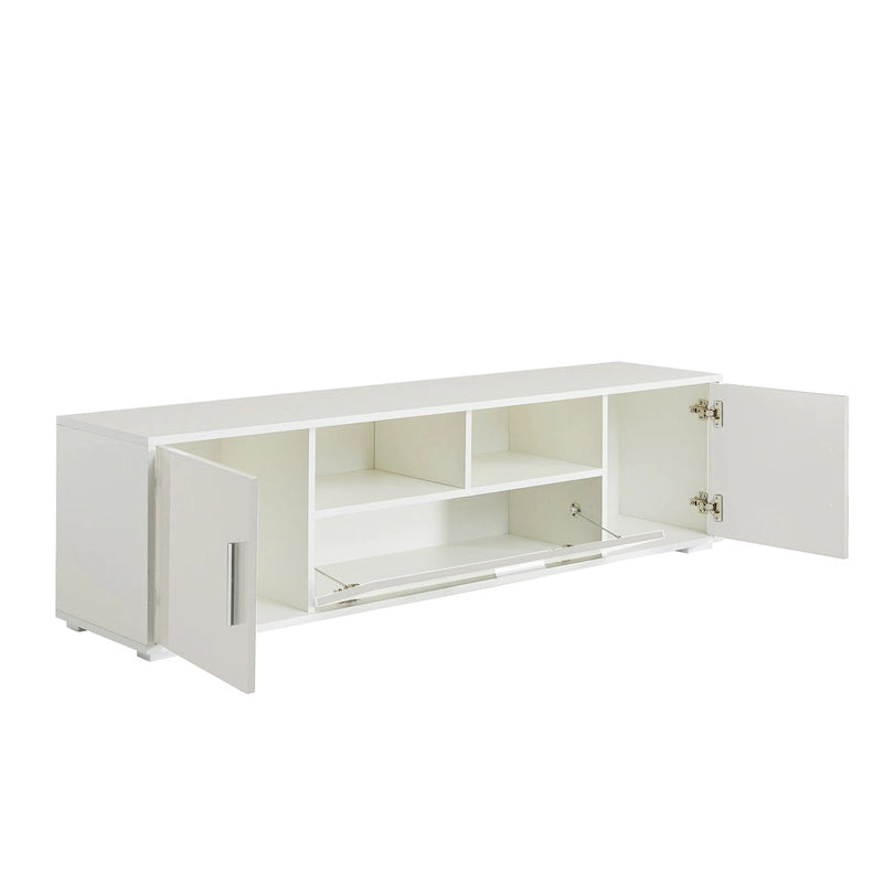 Meuble TV blanc de 160 cm avec lumières LED, armoires et étagères ouvertes pour TV jusqu'à 65 pouces