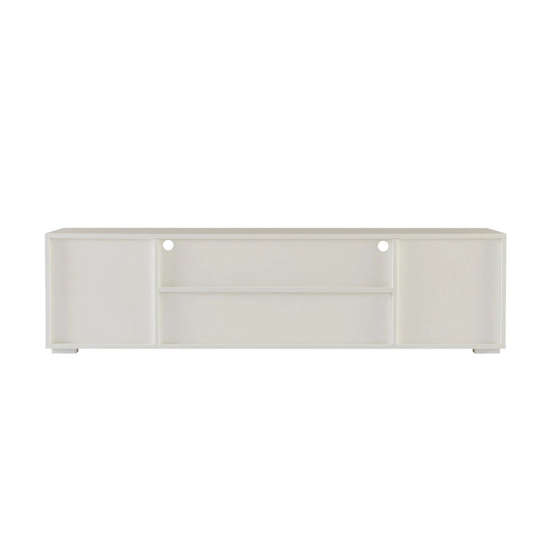 Meuble TV blanc de 160 cm avec lumières LED, armoires et étagères ouvertes pour TV jusqu'à 65 pouces
