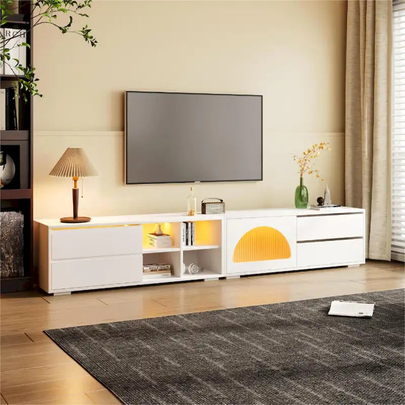 Meuble TV moderne avec porte en verre cannelé pour téléviseurs jusqu'à 100 pouces, console multimédia avec porte coulissante et 2 tiroirs