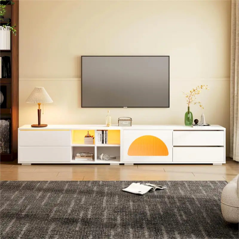 Meuble TV moderne avec porte en verre cannelé pour téléviseurs jusqu'à 100 pouces, console multimédia avec porte coulissante et 2 tiroirs