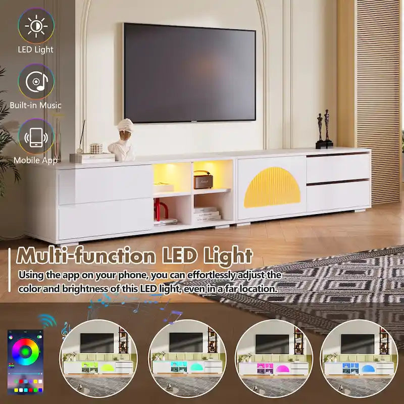 Meuble TV moderne avec porte en verre cannelé pour téléviseurs jusqu'à 100 pouces, console multimédia avec porte coulissante et 2 tiroirs