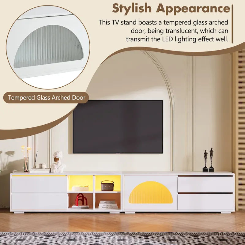 Meuble TV moderne avec porte en verre cannelé pour téléviseurs jusqu'à 100 pouces, console multimédia avec porte coulissante et 2 tiroirs