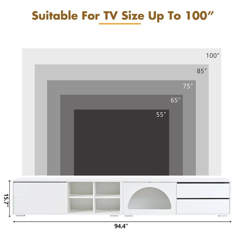 Meuble TV moderne avec porte en verre cannelé pour téléviseurs jusqu'à 100 pouces, console multimédia avec porte coulissante et 2 tiroirs