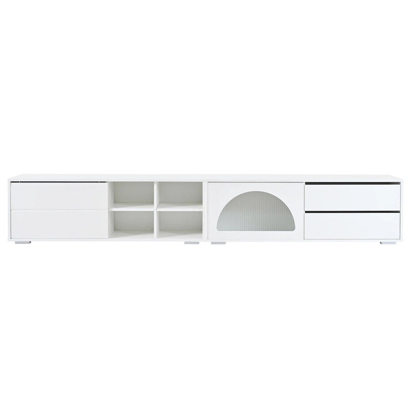 Meuble TV moderne avec porte en verre cannelé pour téléviseurs jusqu'à 100 pouces, console multimédia avec porte coulissante et 2 tiroirs