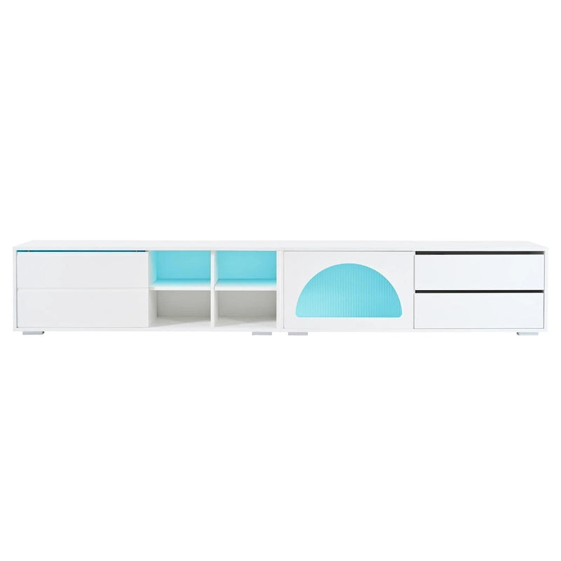 Meuble TV moderne avec porte en verre cannelé pour téléviseurs jusqu'à 100 pouces, console multimédia avec porte coulissante et 2 tiroirs