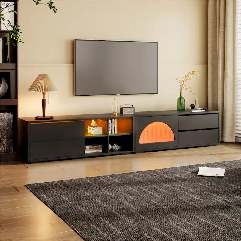Meuble TV moderne avec porte en verre cannelé pour téléviseurs jusqu'à 100 pouces, console multimédia avec porte coulissante et 2 tiroirs